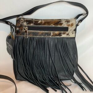 Western Leather Cowhide Black Fringe Crossbody Bag Purse Beautiful